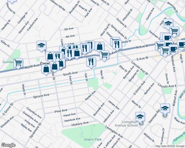 map of restaurants, bars, coffee shops, grocery stores, and more near 123 Willow Avenue in Garwood