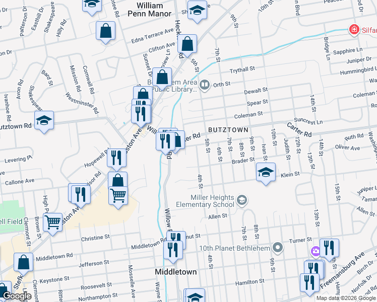 map of restaurants, bars, coffee shops, grocery stores, and more near 2510 Riegel Street in Bethlehem