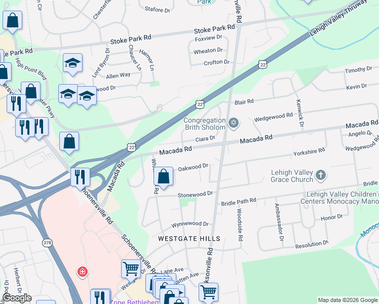 map of restaurants, bars, coffee shops, grocery stores, and more near 1365 Macada Road in Bethlehem