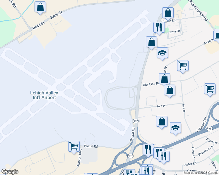map of restaurants, bars, coffee shops, grocery stores, and more near 3311 Airport Road in Allentown