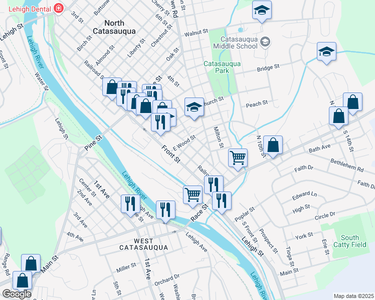 map of restaurants, bars, coffee shops, grocery stores, and more near 224 Railroad Street in Catasauqua