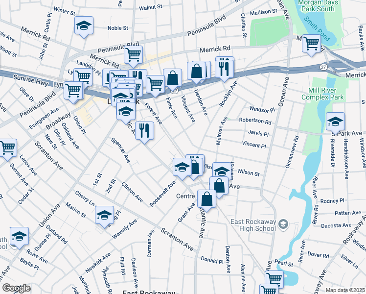 map of restaurants, bars, coffee shops, grocery stores, and more near 247 Forest Avenue in Lynbrook