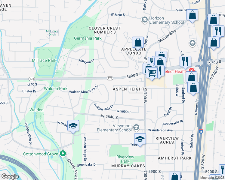 map of restaurants, bars, coffee shops, grocery stores, and more near 5504 South White Springs Drive in Murray