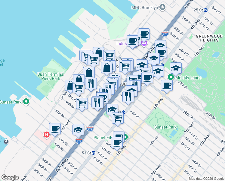 map of restaurants, bars, coffee shops, grocery stores, and more near 4420 3rd Avenue in Brooklyn