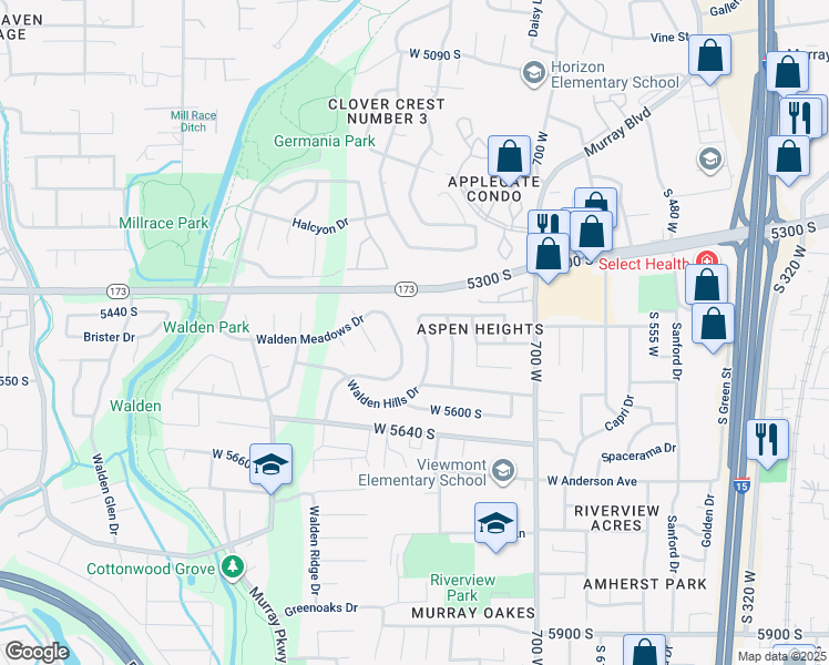 map of restaurants, bars, coffee shops, grocery stores, and more near 5504 South White Springs Drive in Murray