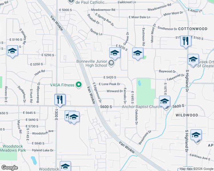 map of restaurants, bars, coffee shops, grocery stores, and more near 1562 East Lone Peak Drive in Holladay