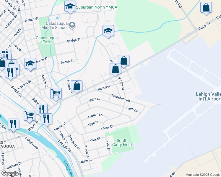 map of restaurants, bars, coffee shops, grocery stores, and more near 521 Bath Avenue in Catasauqua