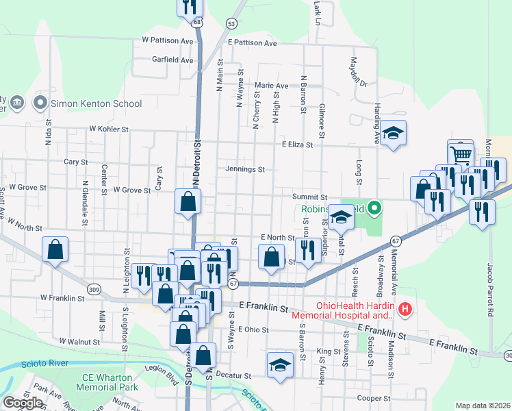 map of restaurants, bars, coffee shops, grocery stores, and more near 338 North Cherry Street in Kenton