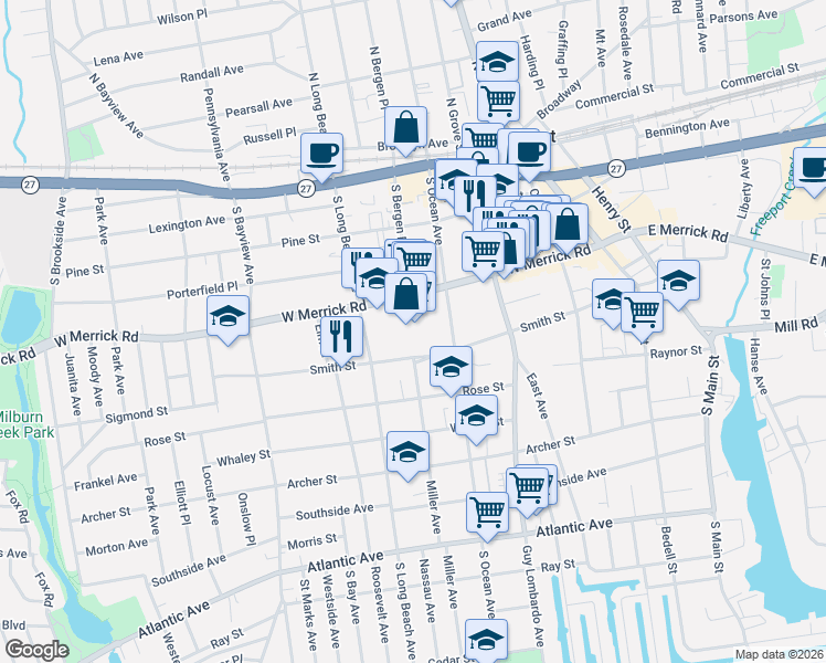 map of restaurants, bars, coffee shops, grocery stores, and more near 198 Smith Street in Freeport