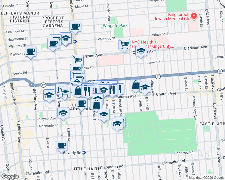 map of restaurants, bars, coffee shops, grocery stores, and more near 145 East 35th Street in Brooklyn