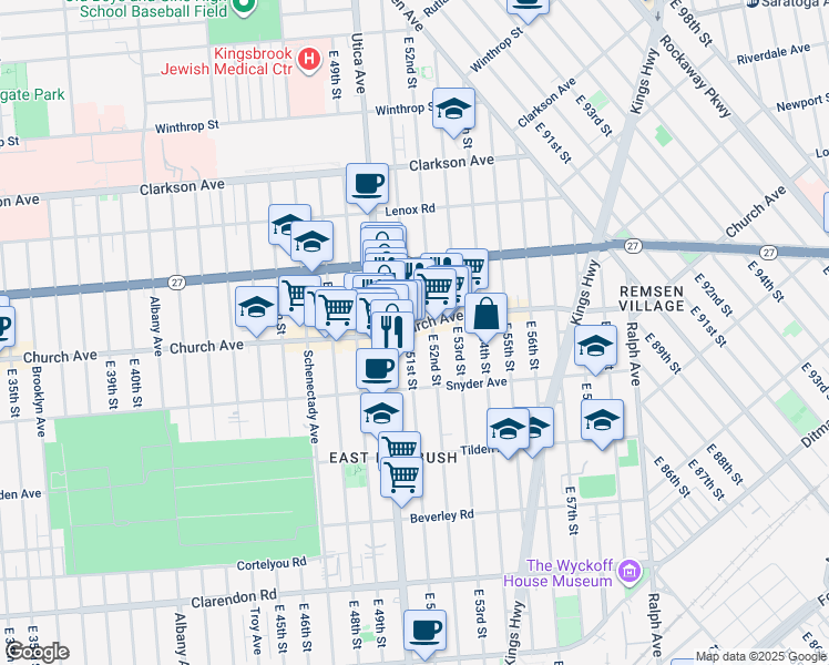 map of restaurants, bars, coffee shops, grocery stores, and more near 415 East 51st Street in Brooklyn