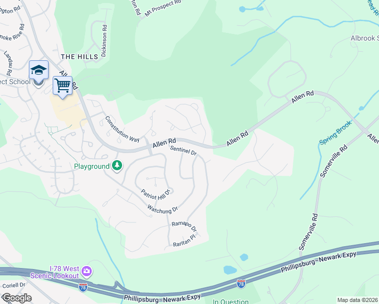 map of restaurants, bars, coffee shops, grocery stores, and more near 1 Watchung Drive in Basking Ridge