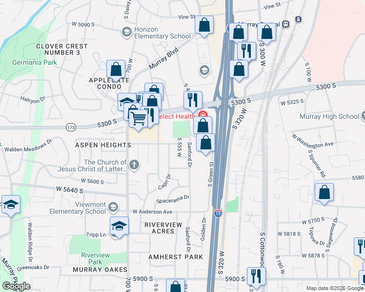map of restaurants, bars, coffee shops, grocery stores, and more near 5469 South 555 West in Murray