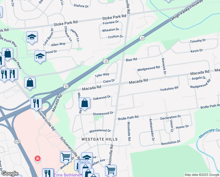 map of restaurants, bars, coffee shops, grocery stores, and more near 1295 Macada Road in Bethlehem