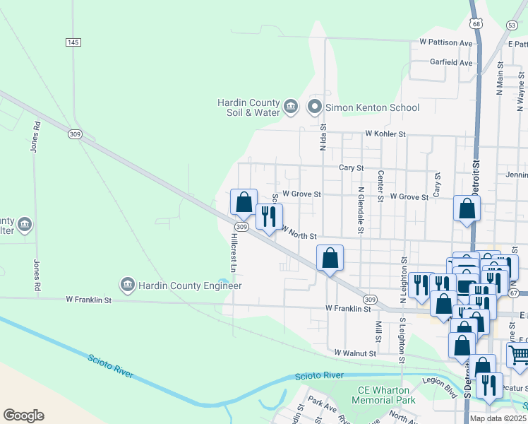 map of restaurants, bars, coffee shops, grocery stores, and more near 1125 West North Street in Kenton