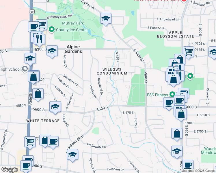 map of restaurants, bars, coffee shops, grocery stores, and more near 5511 South Willow Lane in Murray