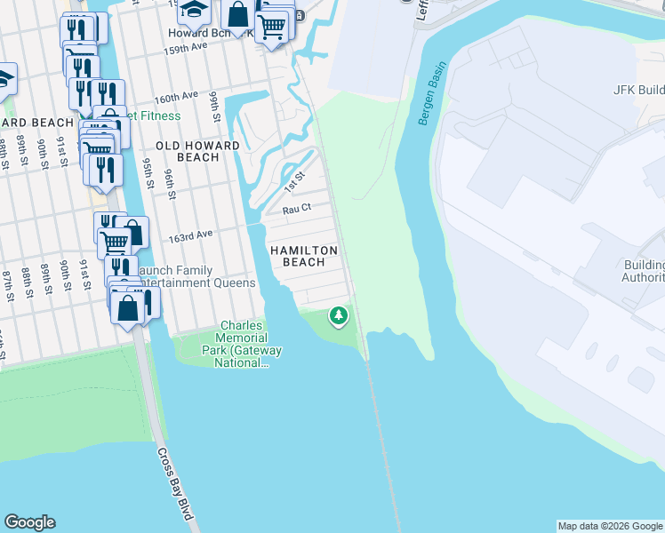 map of restaurants, bars, coffee shops, grocery stores, and more near 102-08 164th Road in Queens