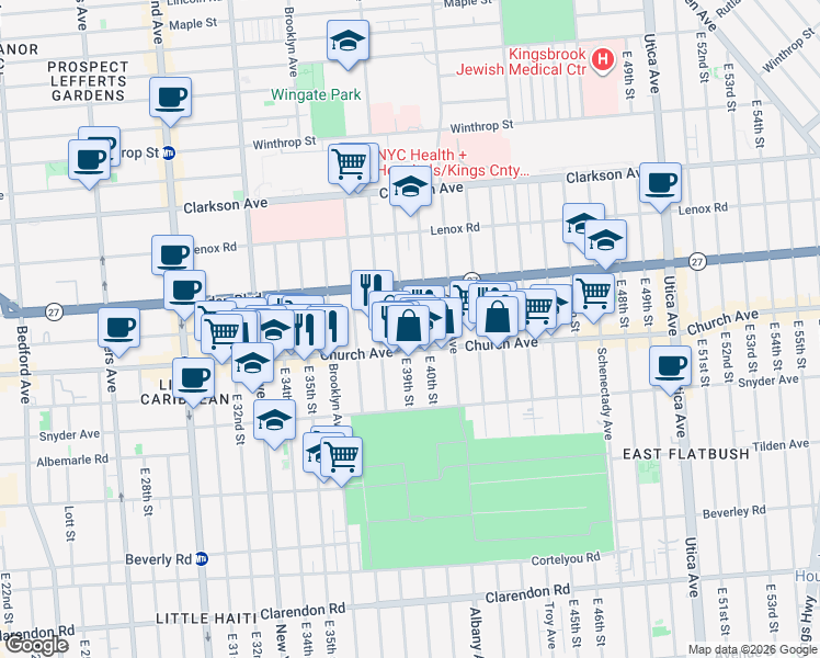 map of restaurants, bars, coffee shops, grocery stores, and more near 223 East 39th Street in Brooklyn