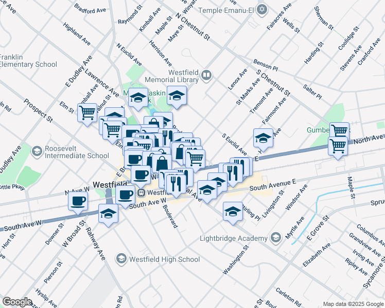 map of restaurants, bars, coffee shops, grocery stores, and more near 238 Saint Paul Street in Westfield