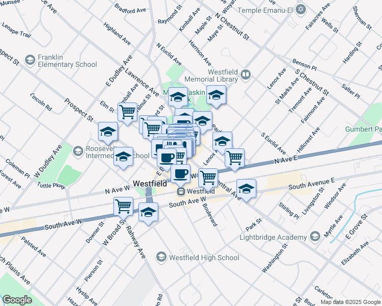 map of restaurants, bars, coffee shops, grocery stores, and more near 43 Elm Street in Westfield