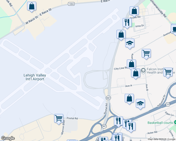 map of restaurants, bars, coffee shops, grocery stores, and more near 3311 Airport Road in Allentown