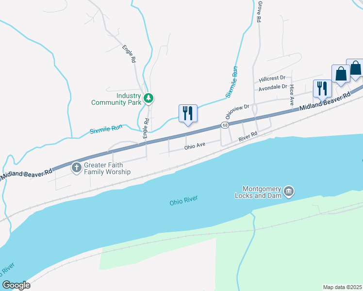 map of restaurants, bars, coffee shops, grocery stores, and more near 1523 Ohio Avenue in Industry