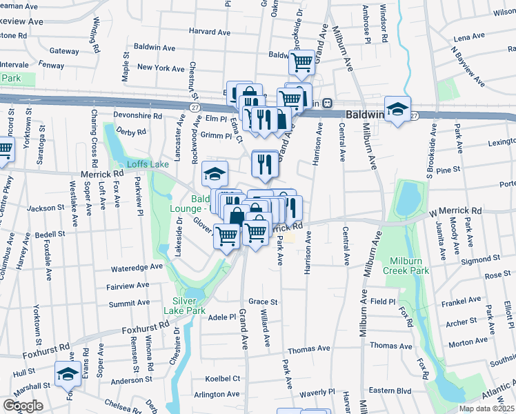 map of restaurants, bars, coffee shops, grocery stores, and more near 2428 Grand Avenue in Baldwin