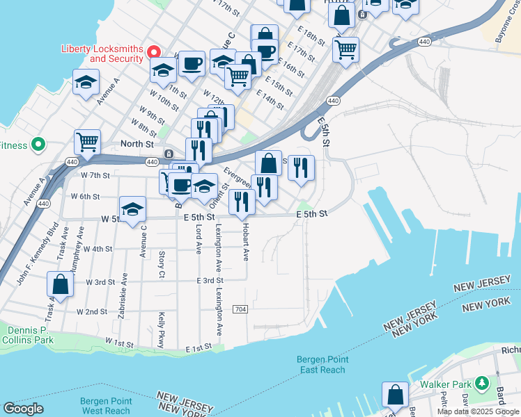 map of restaurants, bars, coffee shops, grocery stores, and more near 115-123 East 5th Street in Bayonne