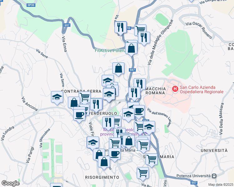 map of restaurants, bars, coffee shops, grocery stores, and more near 85 Via D. di Giura in Potenza