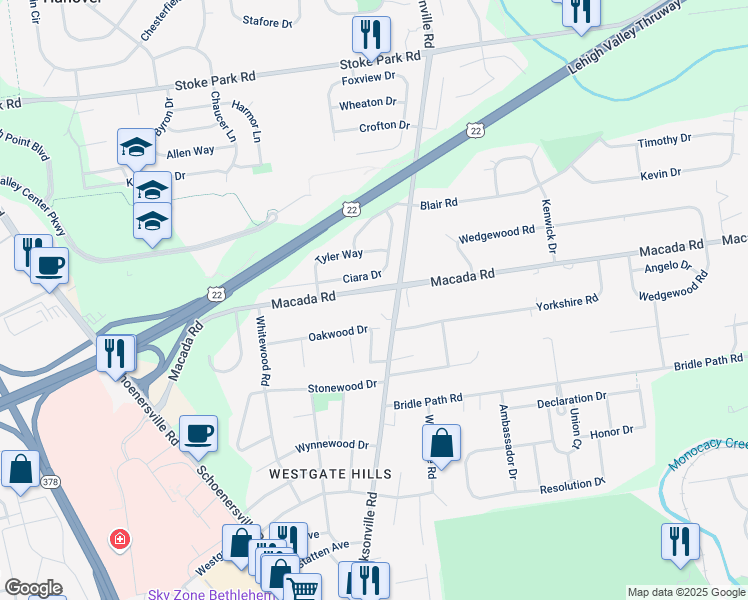map of restaurants, bars, coffee shops, grocery stores, and more near 2945 Jacksonville Road in Bethlehem