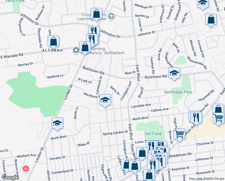 map of restaurants, bars, coffee shops, grocery stores, and more near 1326 Barry Drive in Bethlehem