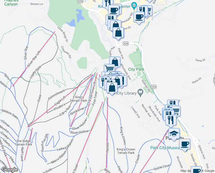 map of restaurants, bars, coffee shops, grocery stores, and more near 1401 Lowell Avenue in Park City