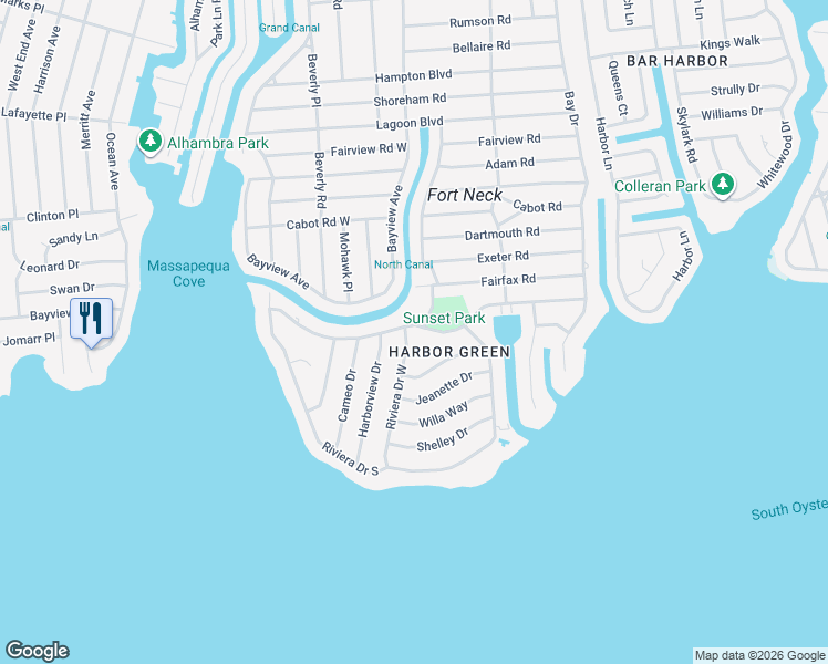 map of restaurants, bars, coffee shops, grocery stores, and more near 256 Riviera Drive East in Massapequa