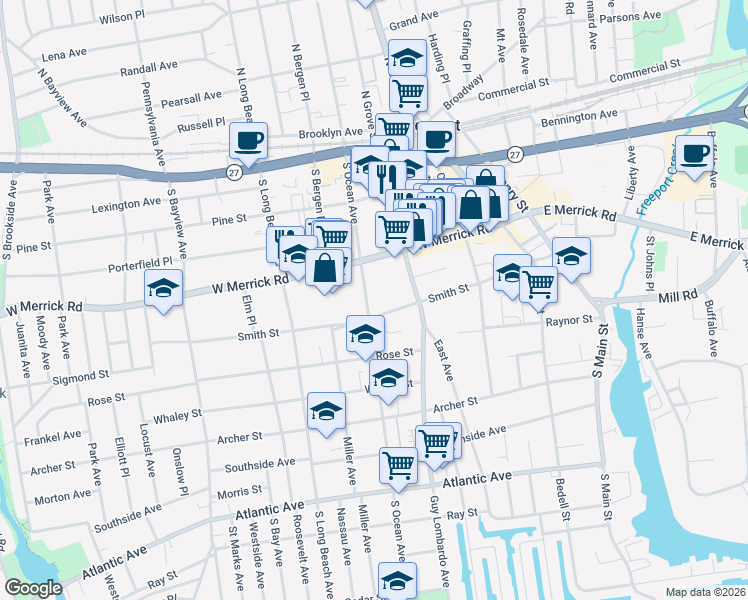 map of restaurants, bars, coffee shops, grocery stores, and more near 160 Smith Street in Freeport