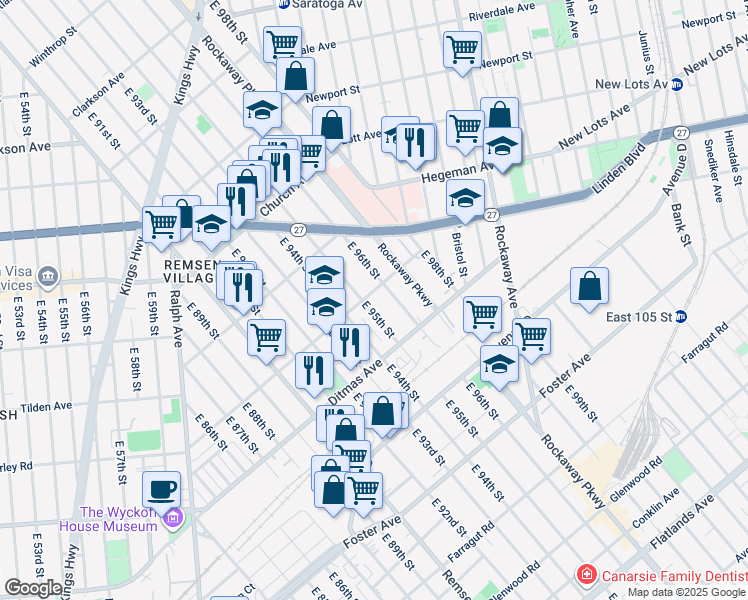 map of restaurants, bars, coffee shops, grocery stores, and more near 696 East 95th Street in Brooklyn