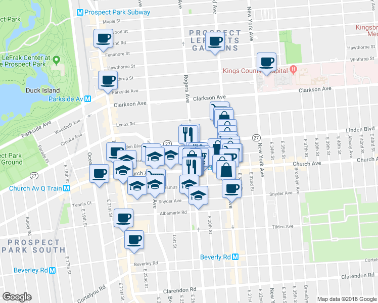 map of restaurants, bars, coffee shops, grocery stores, and more near 801 Rogers Avenue in Brooklyn