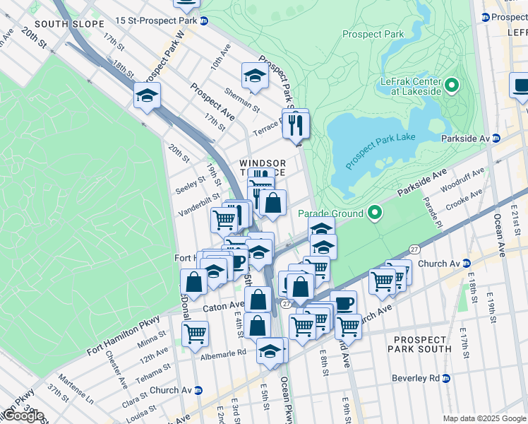 map of restaurants, bars, coffee shops, grocery stores, and more near Fort Hamilton Parkway in Brooklyn