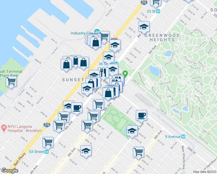map of restaurants, bars, coffee shops, grocery stores, and more near 451 40th Street in Brooklyn
