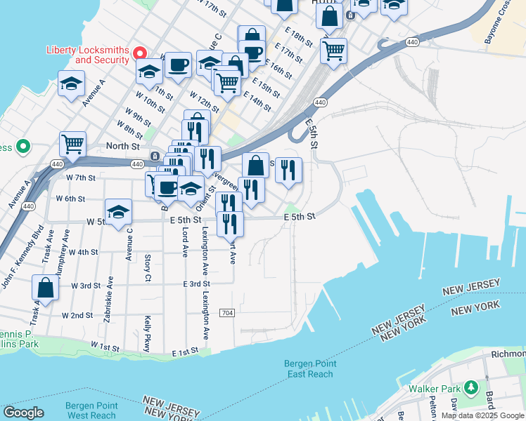 map of restaurants, bars, coffee shops, grocery stores, and more near 115-123 East 5th Street in Bayonne