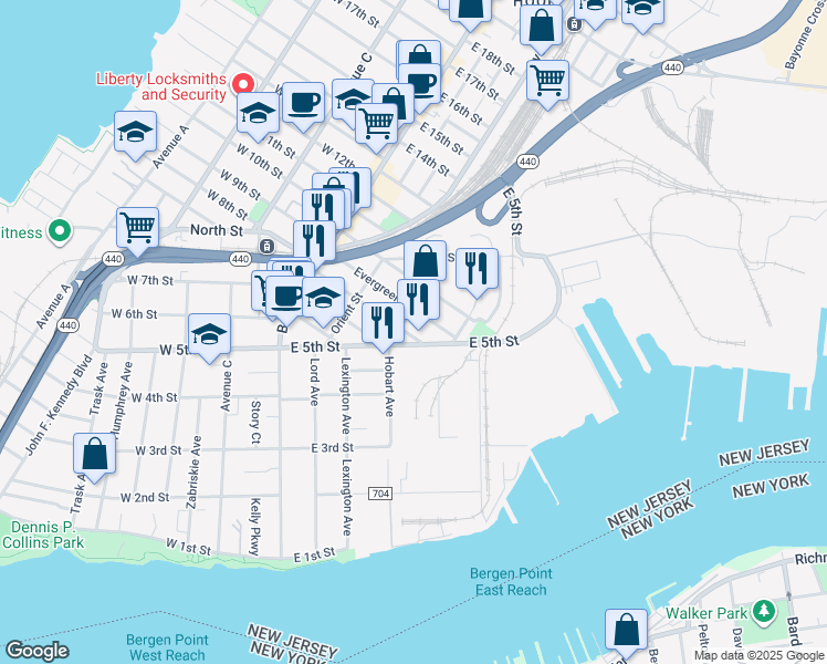 map of restaurants, bars, coffee shops, grocery stores, and more near 115-123 East 5th Street in Bayonne