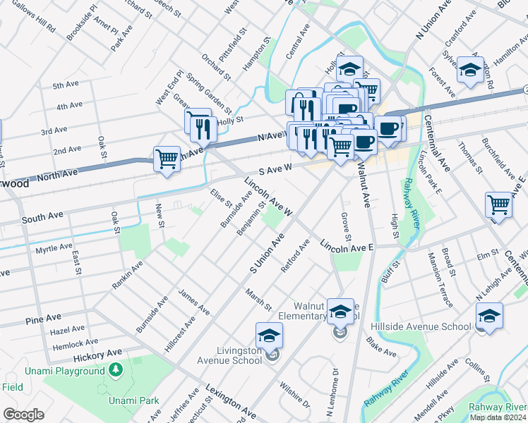 map of restaurants, bars, coffee shops, grocery stores, and more near 14 Hillcrest Avenue in Cranford