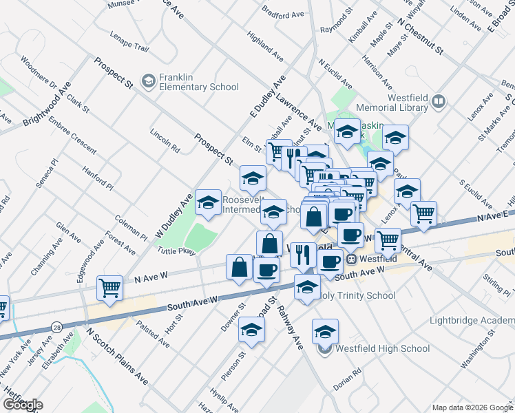 map of restaurants, bars, coffee shops, grocery stores, and more near 246 Clark Street in Westfield