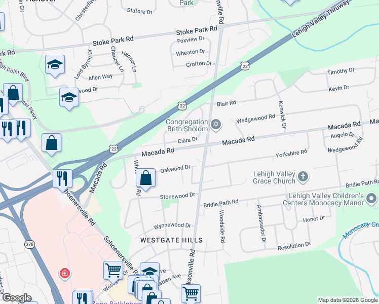 map of restaurants, bars, coffee shops, grocery stores, and more near 1295 Macada Road in Bethlehem