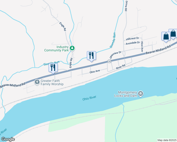 map of restaurants, bars, coffee shops, grocery stores, and more near 1523 Ohio Avenue in Industry