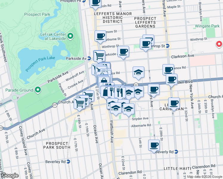map of restaurants, bars, coffee shops, grocery stores, and more near 20 Linden Boulevard in Brooklyn