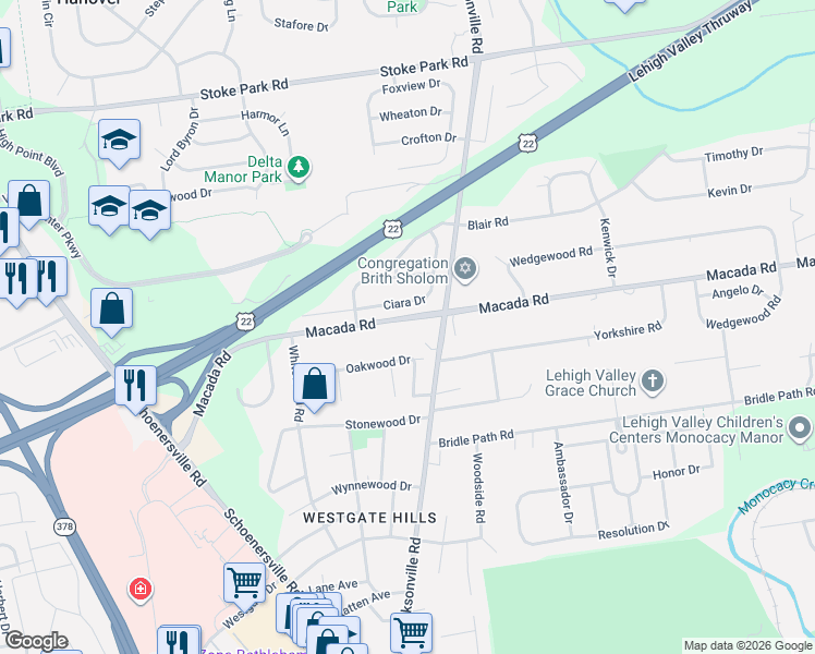 map of restaurants, bars, coffee shops, grocery stores, and more near 1295 Macada Road in Bethlehem