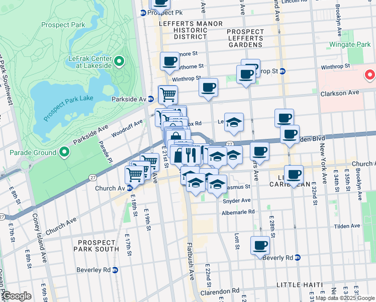 map of restaurants, bars, coffee shops, grocery stores, and more near 22 Linden Boulevard in Brooklyn