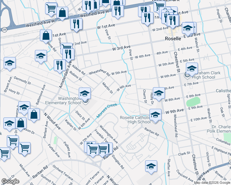 map of restaurants, bars, coffee shops, grocery stores, and more near in Roselle