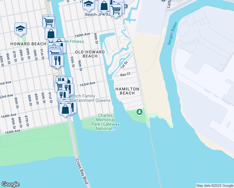 map of restaurants, bars, coffee shops, grocery stores, and more near 164-01 99th Street in Queens
