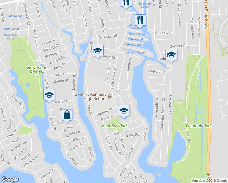 map of restaurants, bars, coffee shops, grocery stores, and more near 2875 Bellmore Avenue in Bellmore